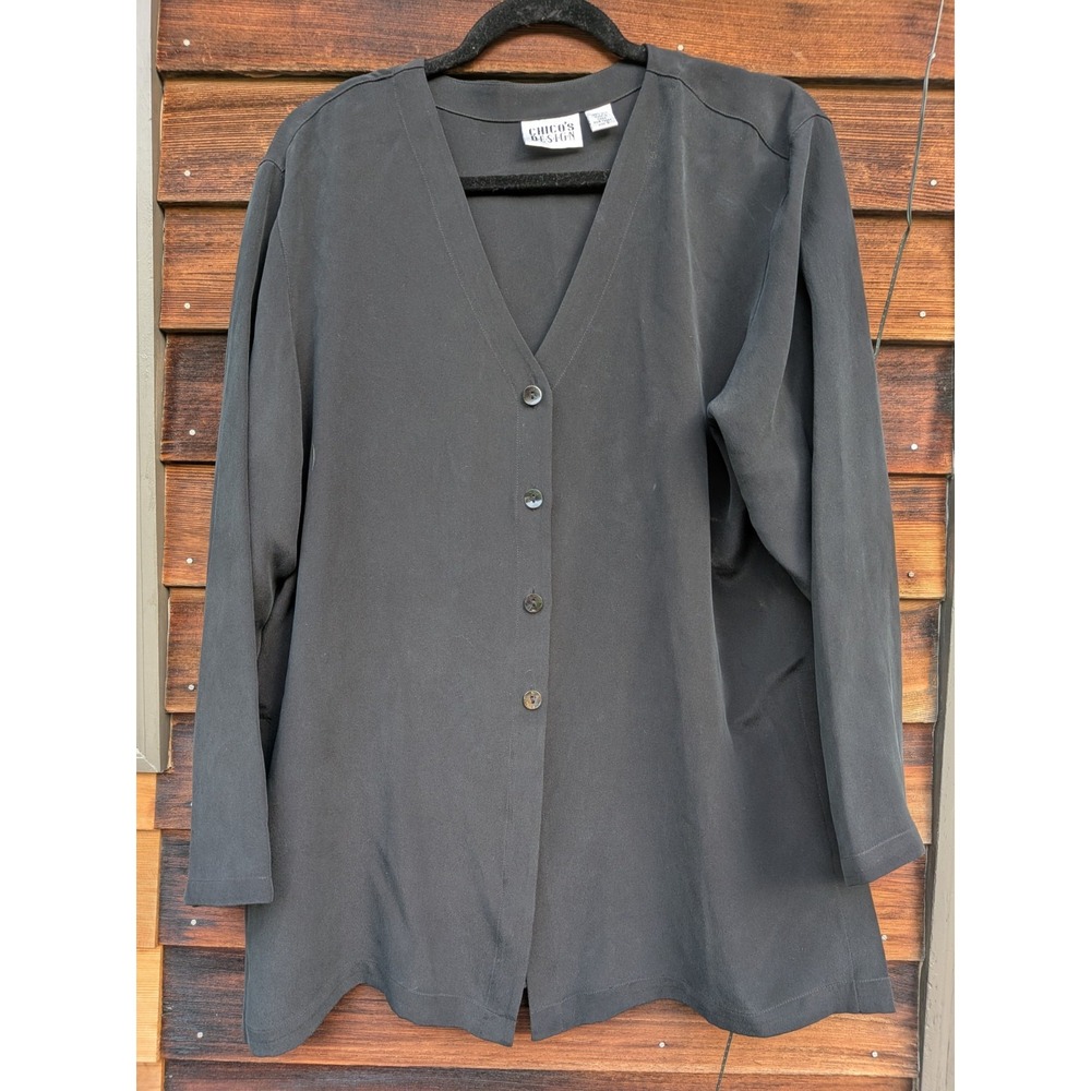 Chicos 100% Silk Button Up Tunic Shirt Black Minimalist Capsule Travel Sz 3 XL